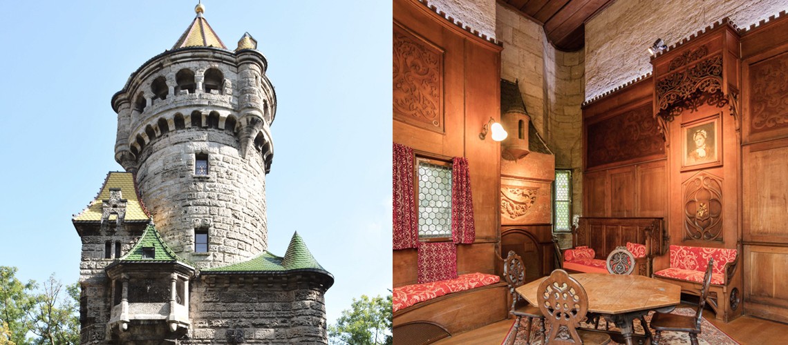 Links der obere Teil des Mutterturms, rechts Blick ins Atelierzimmer