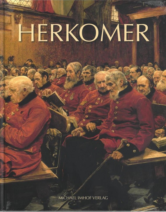 Cover des Buchs "Herkomer" mit Gemäldeausschnitt, alte Herren in roter Uniform in einer Kapelle