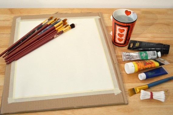 Material für Seerosenteich: Pinsel, Acrylfarben, Wattestäbchen, Papier, Wasserbecher