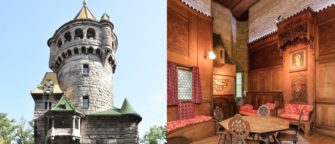 Links der Mutterturm von außen, rechts Blick ins Atelierzimmer