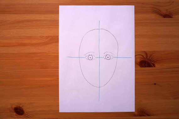 Eierform durch Längs- und Querstrich geteilt, auf dem Querstrich gezeichnete Augen